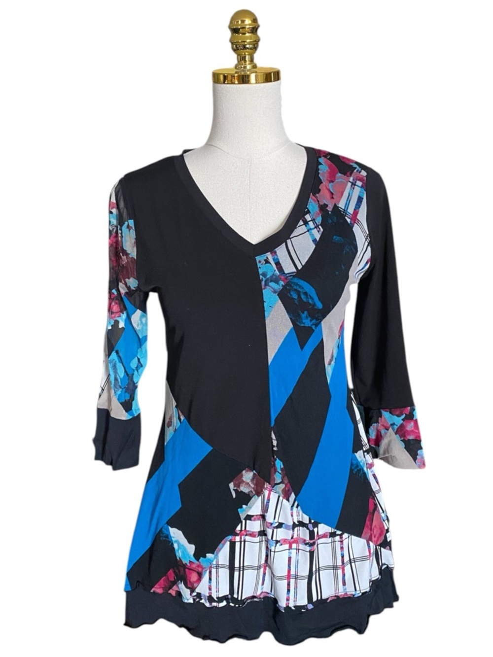 Women’s Y2K Slinky Mesh Mixed Print Patchwork 3/4 Sleeves V-Neck Tunic Top Sz PM